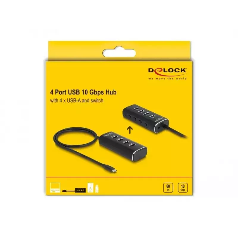 Hub USB DeLOCK 4 portas 10 Gbps Type-C cabo de 60 cm com interruptor