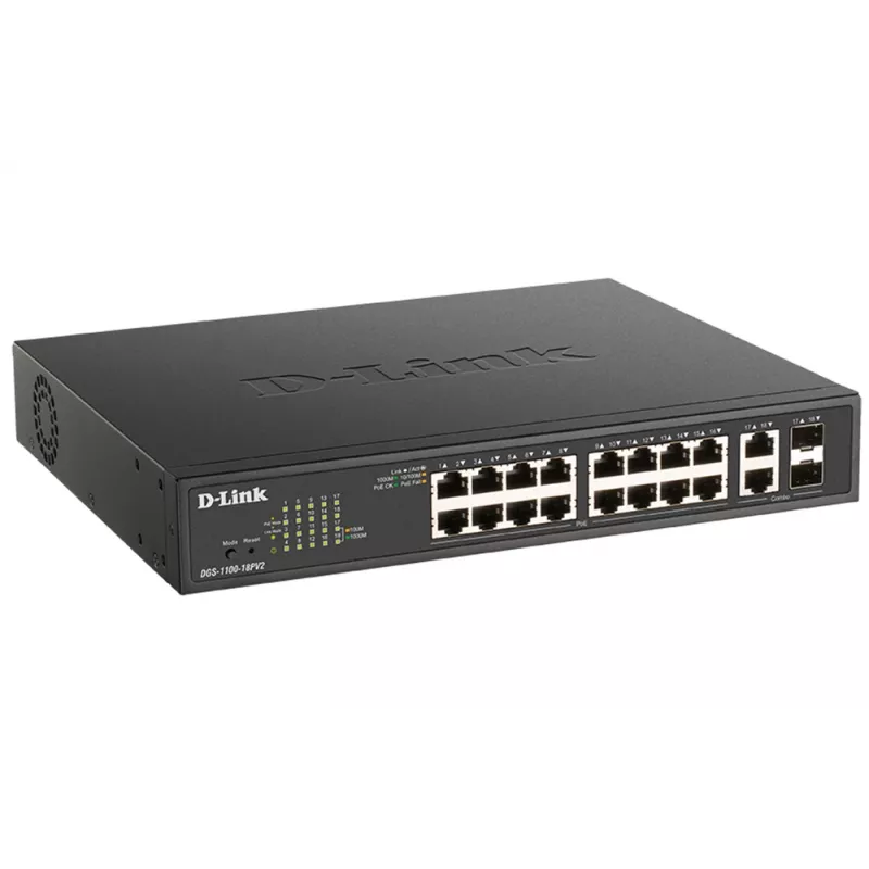 D-Link DGS-1100-18PV2 switch de rede gerido L2 Gigabit Ethernet (10/100/1000) Power over Ethernet (PoE) 1U preto