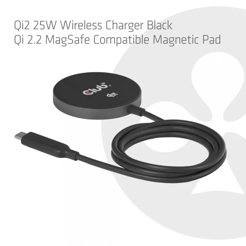 Base de carregamento sem fios CLUB3D CAC-3027 Qi2 25W base magnética compatível com MagSafe, carregador DC para interiores, cabo de 1 m, preto