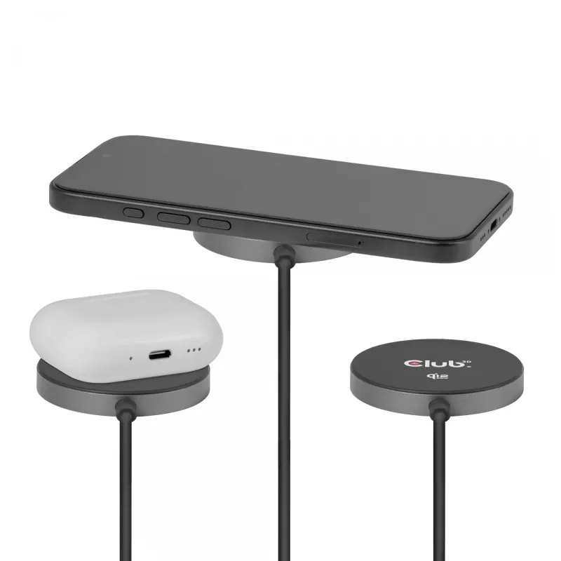 Base de carregamento sem fios CLUB3D CAC-3027 Qi2 25W base magnética compatível com MagSafe, carregador DC para interiores, cabo de 1 m, preto