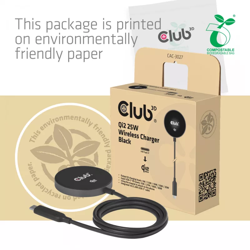 Base de carregamento sem fios CLUB3D CAC-3027 Qi2 25W base magnética compatível com MagSafe, carregador DC para interiores, cabo de 1 m, preto