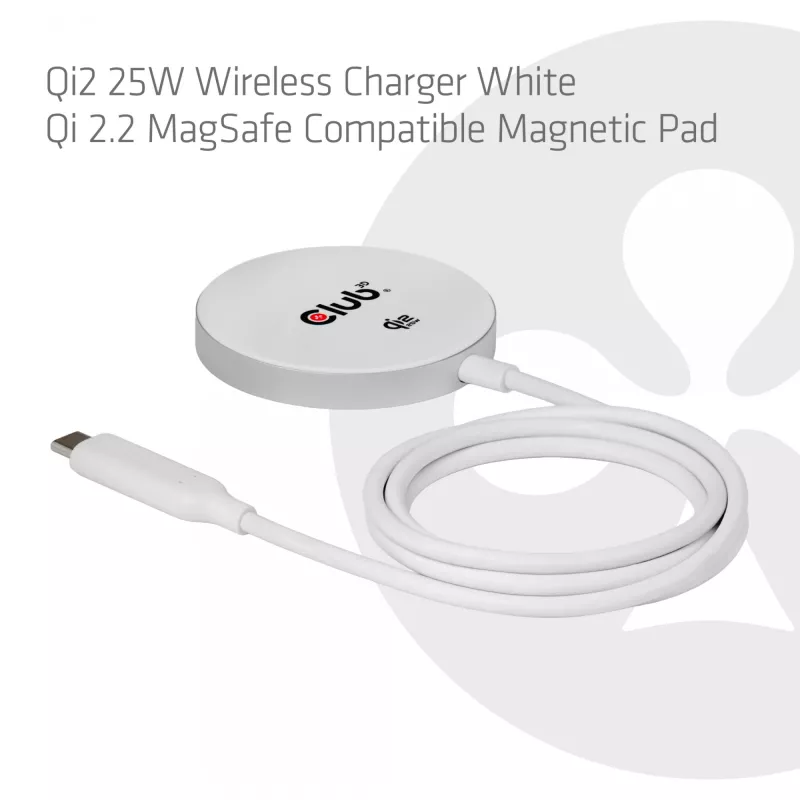 Base de carregamento sem fios club 3d CAC-3026 25W Qi2 base magnética, compatível com Qi 2.2 MagSafe, cabo de 1 m, branco