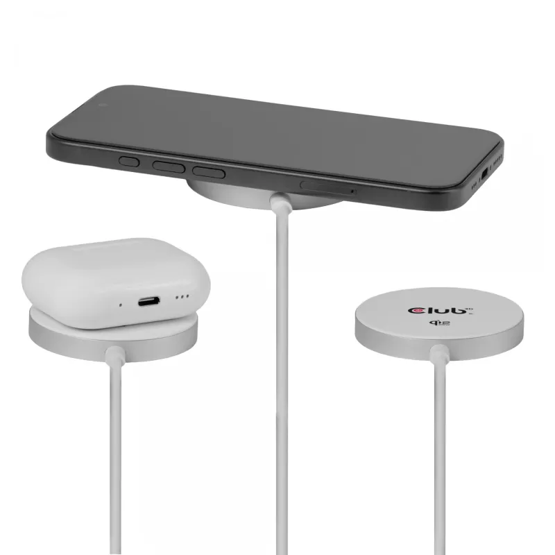 Base de carregamento sem fios club 3d CAC-3026 25W Qi2 base magnética, compatível com Qi 2.2 MagSafe, cabo de 1 m, branco