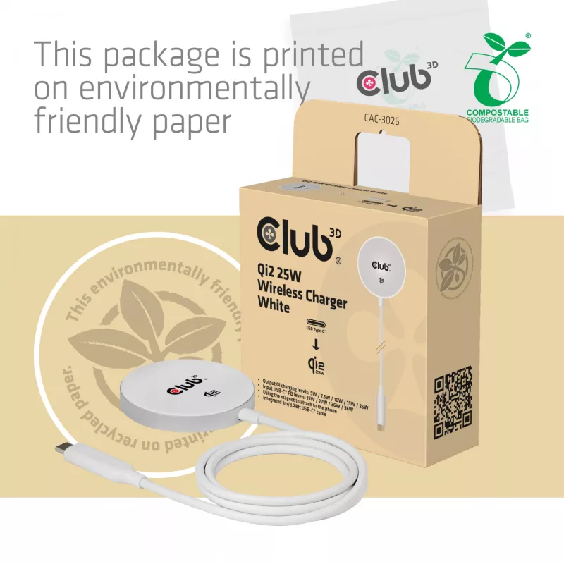 Base de carregamento sem fios club 3d CAC-3026 25W Qi2 base magnética, compatível com Qi 2.2 MagSafe, cabo de 1 m, branco