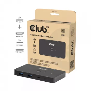 Switch KVM club 3d Dual USB-C para HDMI, 2 portas, 4K UHD 3840x2160, consola USB-C, 65W PD, preto
