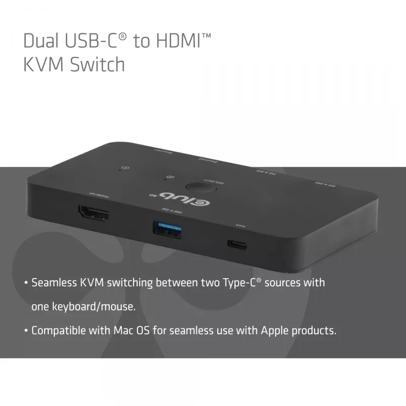 Switch KVM club 3d Dual USB-C para HDMI, 2 portas, 4K UHD 3840x2160, consola USB-C, 65W PD, preto
