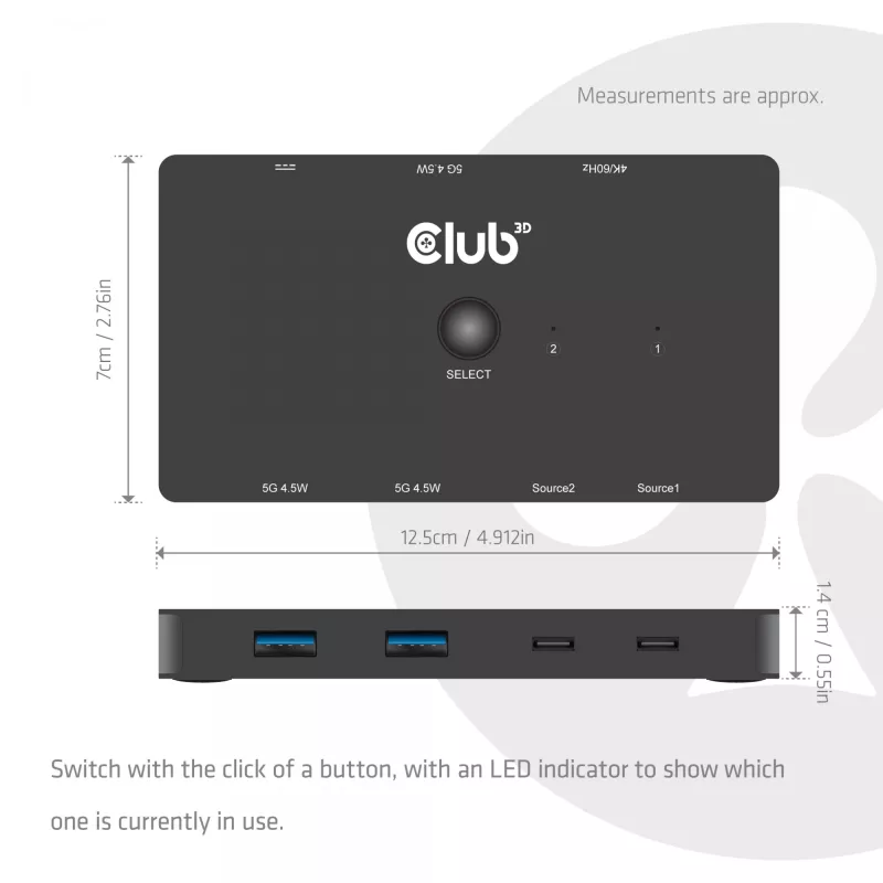 Switch KVM club 3d Dual USB-C para HDMI, 2 portas, 4K UHD 3840x2160, consola USB-C, 65W PD, preto