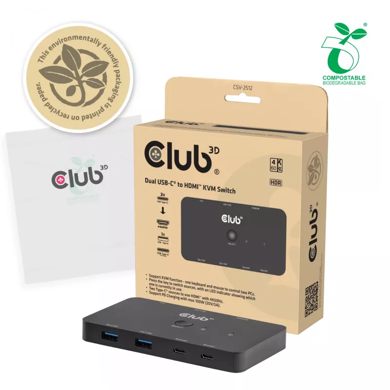 Switch KVM club 3d Dual USB-C para HDMI, 2 portas, 4K UHD 3840x2160, consola USB-C, 65W PD, preto