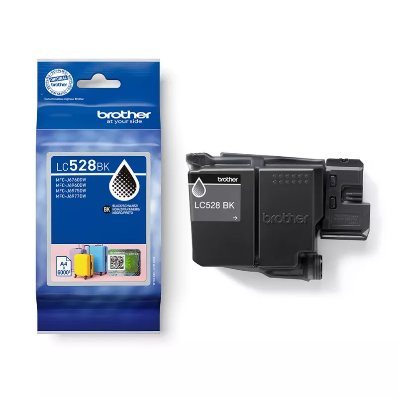 Cartucho de tinta Brother LC528BK — original preto, embalagem individual, alcance aprox. 6000 páginas
