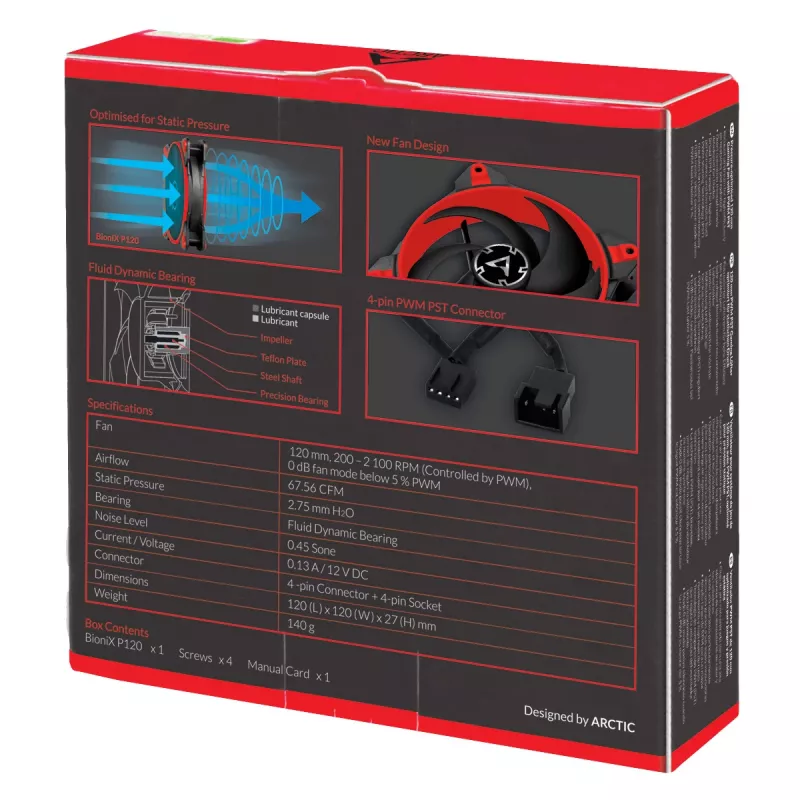 ARCTIC BioniX P120 (vermelho) – ventoinha gaming de 120 mm otimizada para pressão com PWM PST