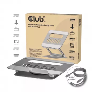 CLUB3D suporte de portátil ajustável em alumínio com hub USB-C®, cinzento, 260 mm, 224 mm, 56 mm, 1,76 kg, 315 mm