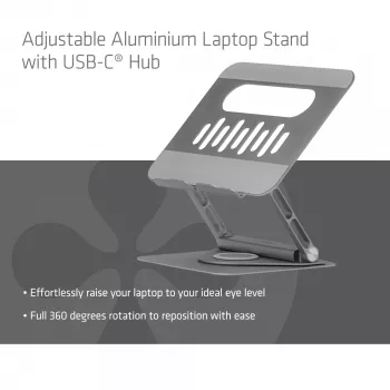 CLUB3D suporte de portátil ajustável em alumínio com hub USB-C®, cinzento, 260 mm, 224 mm, 56 mm, 1,76 kg, 315 mm