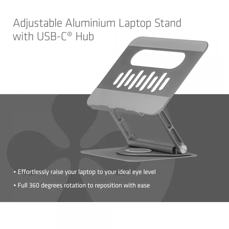 CLUB3D suporte de portátil ajustável em alumínio com hub USB-C®, cinzento, 260 mm, 224 mm, 56 mm, 1,76 kg, 315 mm