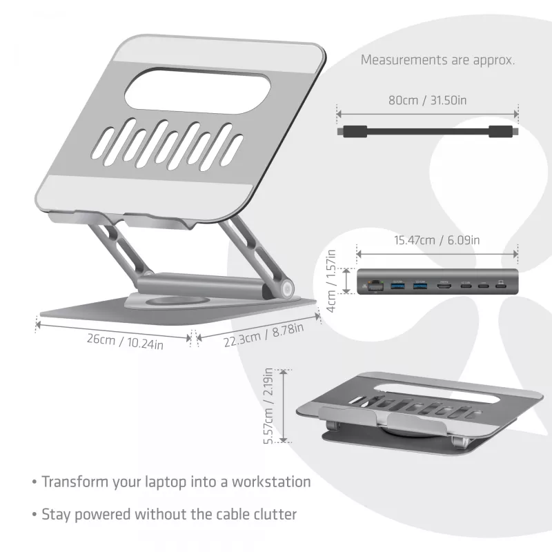 CLUB3D suporte de portátil ajustável em alumínio com hub USB-C®, cinzento, 260 mm, 224 mm, 56 mm, 1,76 kg, 315 mm