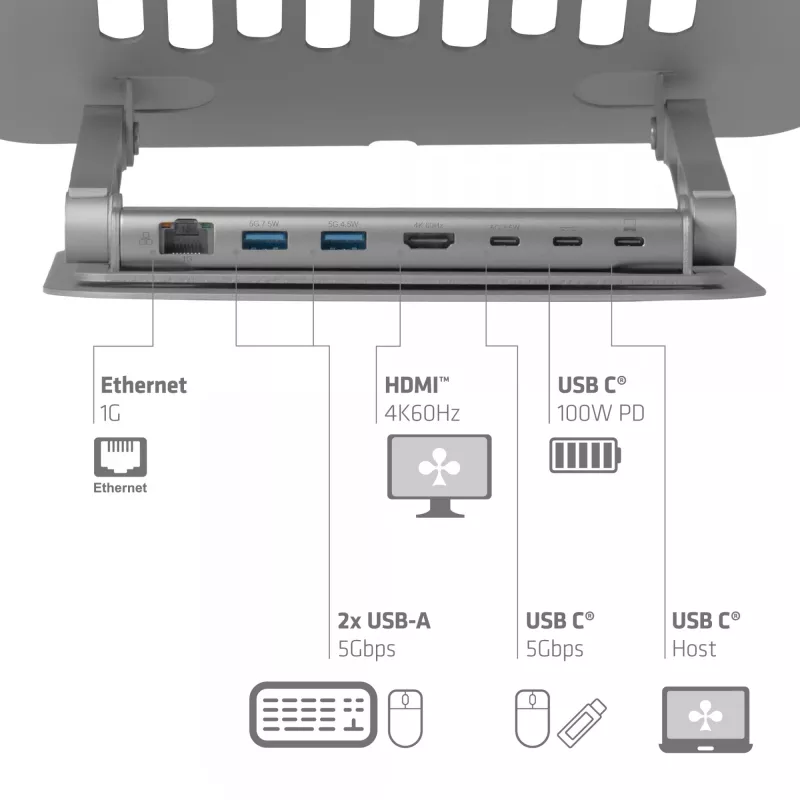 CLUB3D suporte de portátil ajustável em alumínio com hub USB-C®, cinzento, 260 mm, 224 mm, 56 mm, 1,76 kg, 315 mm