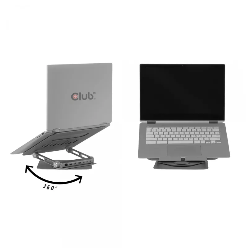 CLUB3D suporte de portátil ajustável em alumínio com hub USB-C®, cinzento, 260 mm, 224 mm, 56 mm, 1,76 kg, 315 mm