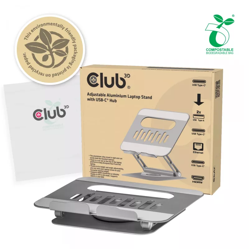 CLUB3D suporte de portátil ajustável em alumínio com hub USB-C®, cinzento, 260 mm, 224 mm, 56 mm, 1,76 kg, 315 mm