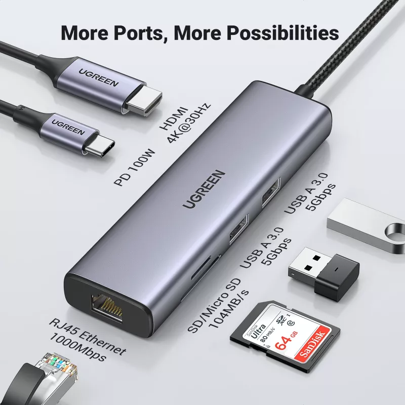 Hub USB-C UGREEN 90568 2 USB 3.0 HDMI RJ45 SD TF porta PD