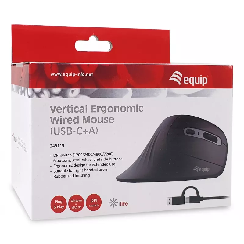 Equip 245119 Rato universal destro USB Type-A + USB Type-C ótico 7200 DPI