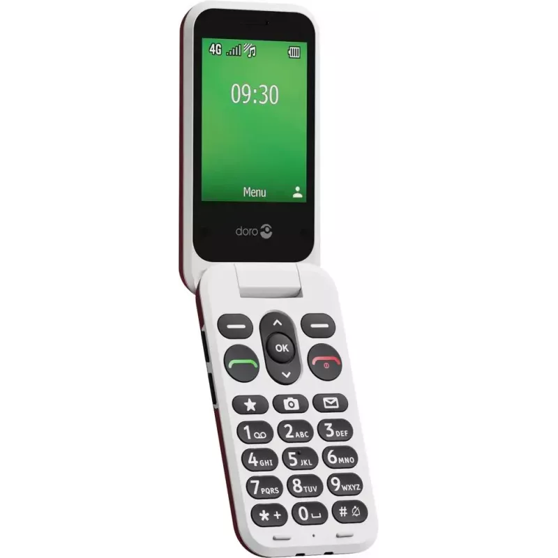 Telemóvel básico Doro Leva E30 telemóvel de concha, 2,8 polegadas (7,11 cm) 320x240, Single-SIM, câmara 0,3 MP, 1150 mAh, IP55, vermelho/branco