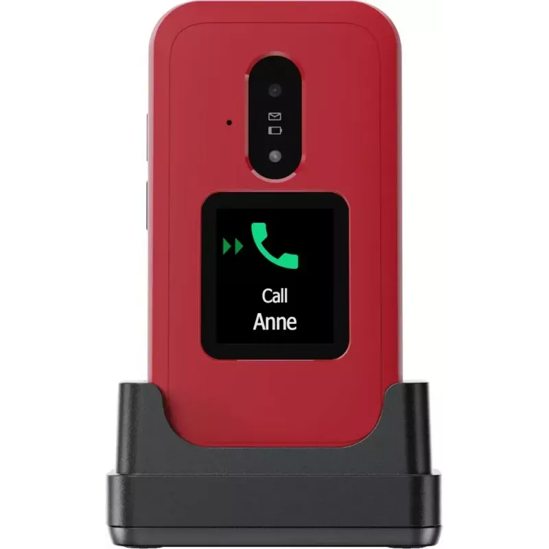 Telemóvel básico Doro Leva E30 telemóvel de concha, 2,8 polegadas (7,11 cm) 320x240, Single-SIM, câmara 0,3 MP, 1150 mAh, IP55, vermelho/branco
