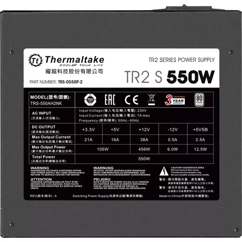 Fonte de alimentação THERMALTAKE TR2 S 550W, ATX, 20+4 pinos, 80 PLUS, ventoinha de 120 mm, preto