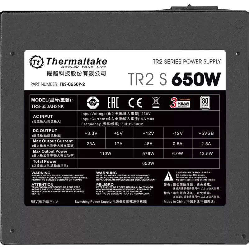 Fonte de alimentação Thermaltake TR2 S 650W – ATX, 20+4 pinos, 80 PLUS, ventoinha de 120 mm, preto