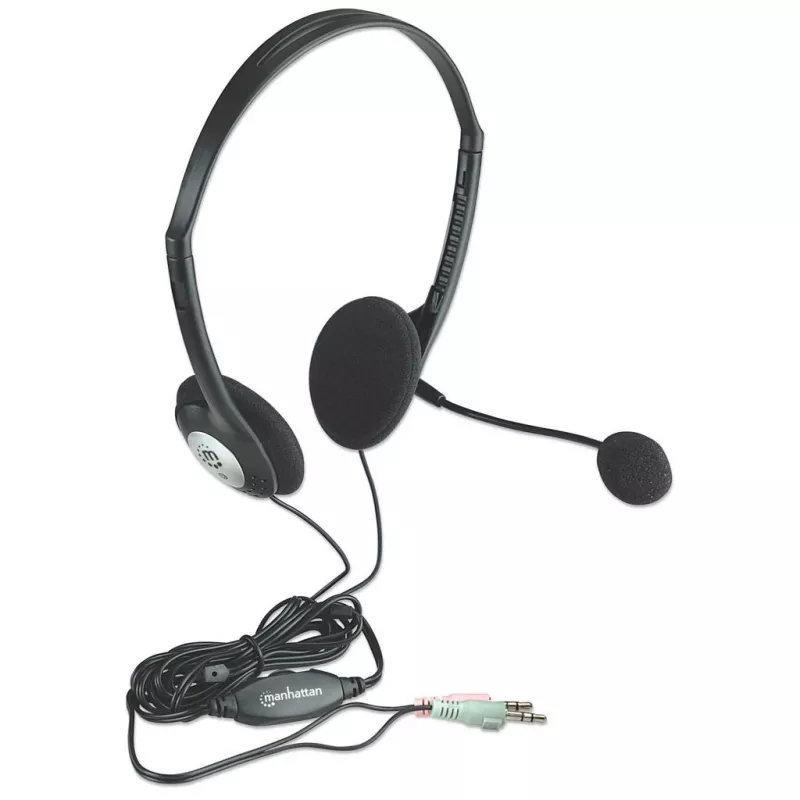 Manhattan headset estéreo on-ear (3,5 mm), braço do microfone, controlo de volume em linha, almofadas de espuma, fichas jack estéreo 3,5 mm padrão 2x para utilização de áudio/microfone, cabo de 2 m, preto, três anos de garantia