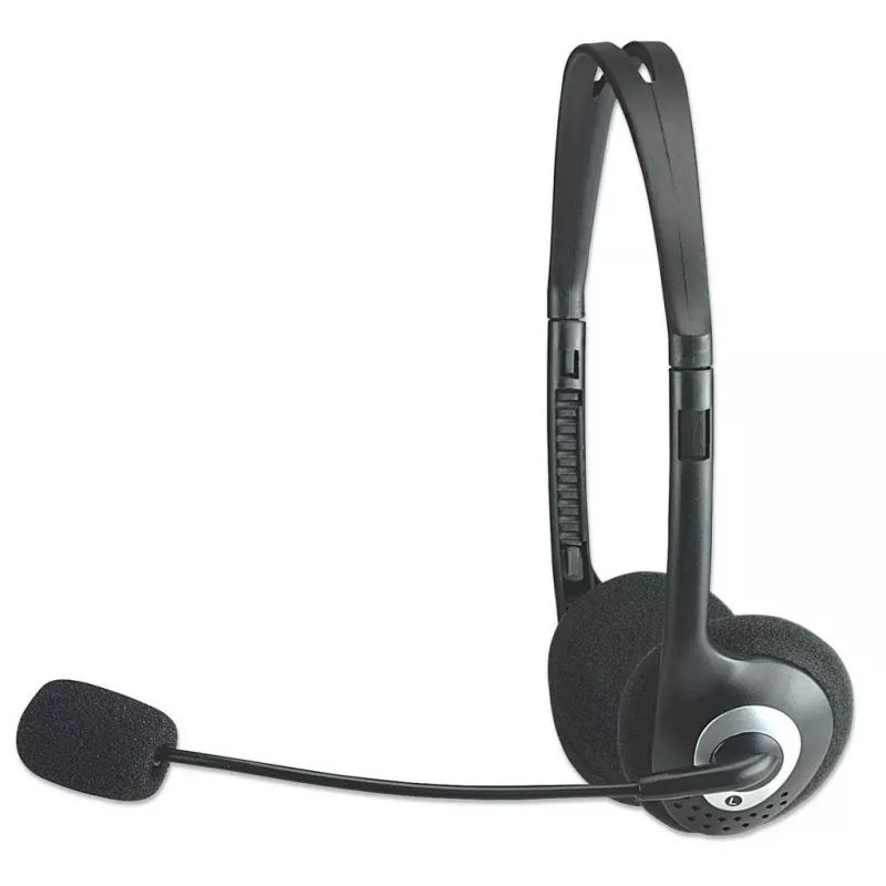 Manhattan headset estéreo on-ear (3,5 mm), braço do microfone, controlo de volume em linha, almofadas de espuma, fichas jack estéreo 3,5 mm padrão 2x para utilização de áudio/microfone, cabo de 2 m, preto, três anos de garantia