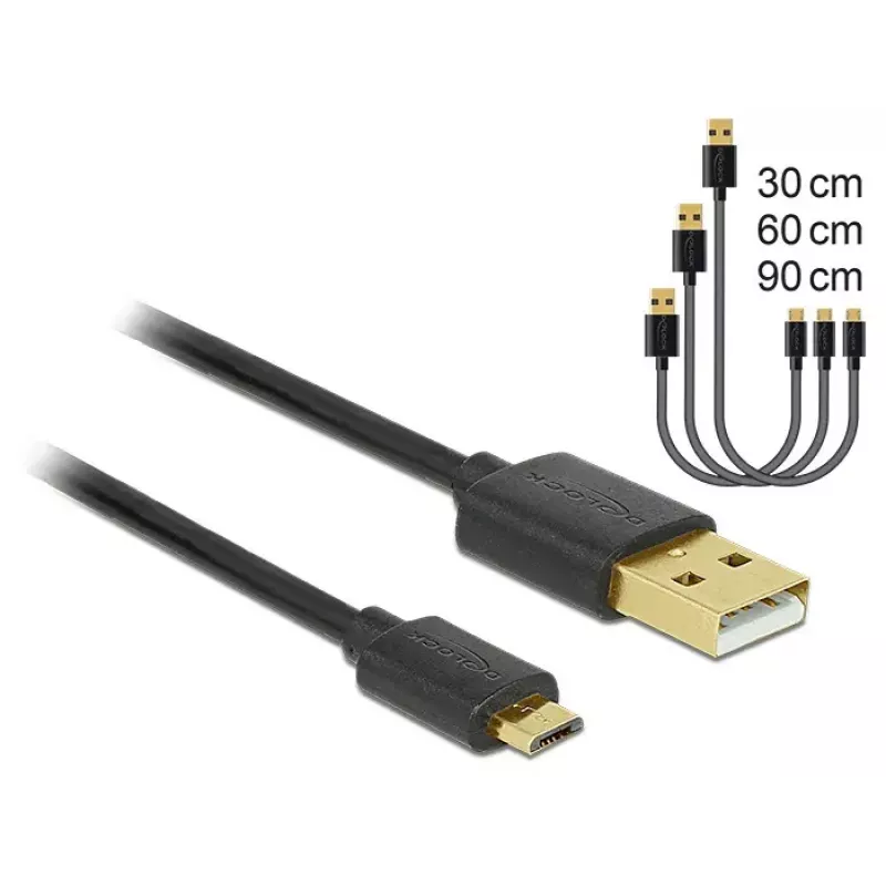 Delock Cabo de dados e carregamento de USB 2.0 Type-A para Micro-B, conjunto de 3 peças, preto