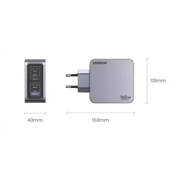 Carregador Ugreen Nexode Pro 160W GaN com cabo USB-C universal preto, cinzento AC carregamento rápido interior