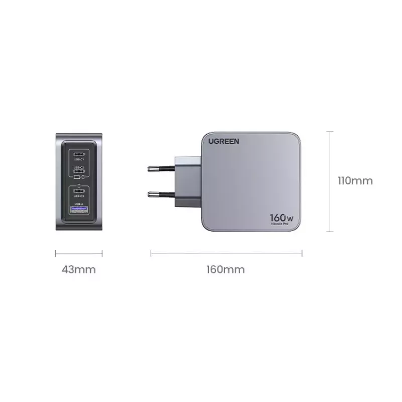 Carregador Ugreen Nexode Pro 160W GaN com cabo USB-C universal preto, cinzento AC carregamento rápido interior