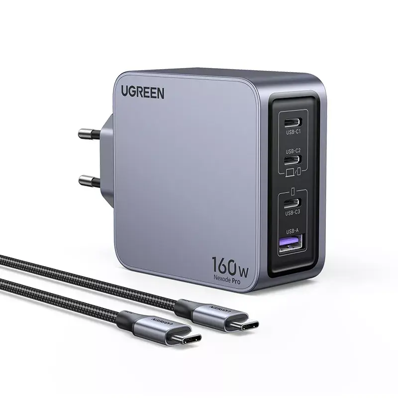 Carregador Ugreen Nexode Pro 160W GaN com cabo USB-C universal preto, cinzento AC carregamento rápido interior