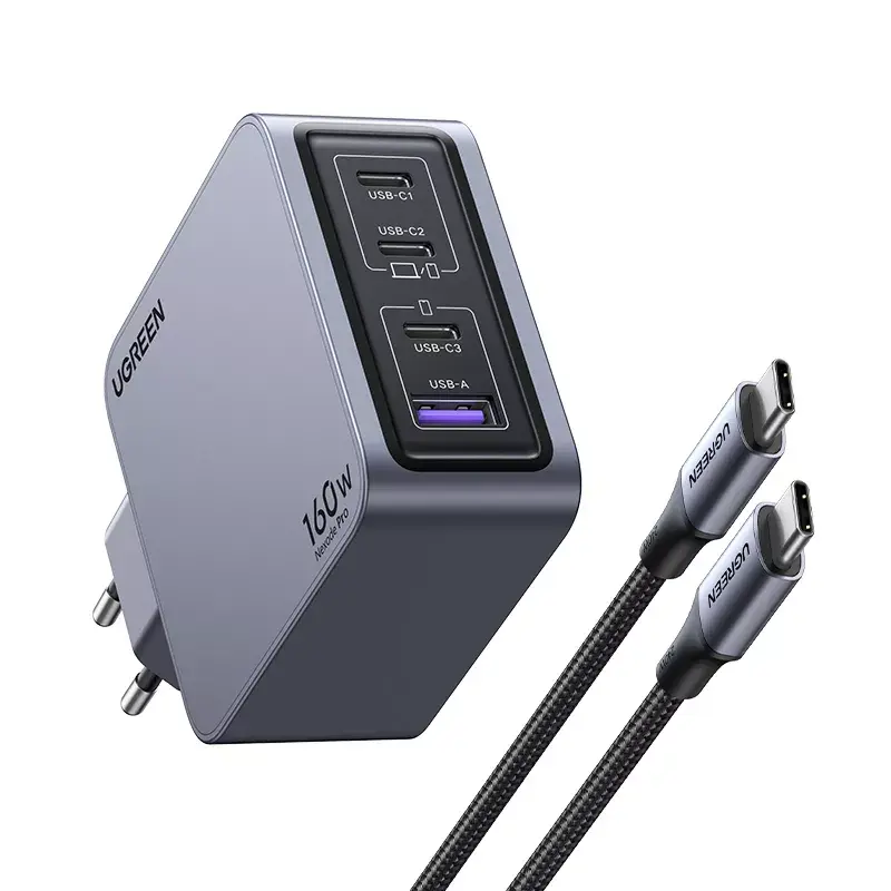 Carregador Ugreen Nexode Pro 160W GaN com cabo USB-C universal preto, cinzento AC carregamento rápido interior