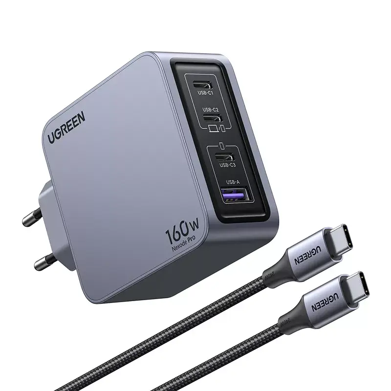 Carregador Ugreen Nexode Pro 160W GaN com cabo USB-C universal preto, cinzento AC carregamento rápido interior