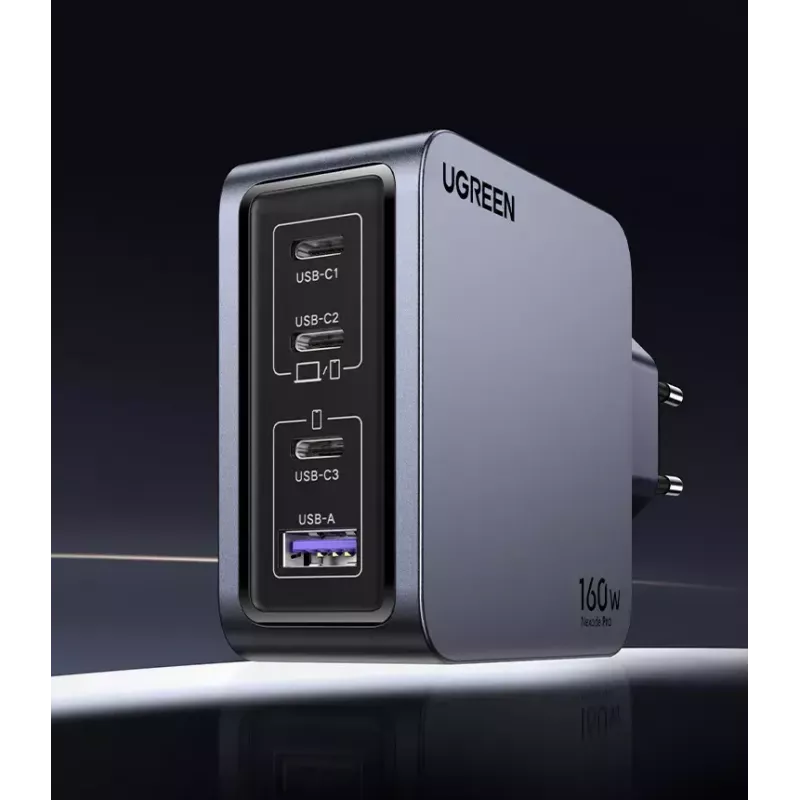 Carregador Ugreen Nexode Pro 160W GaN com cabo USB-C universal preto, cinzento AC carregamento rápido interior