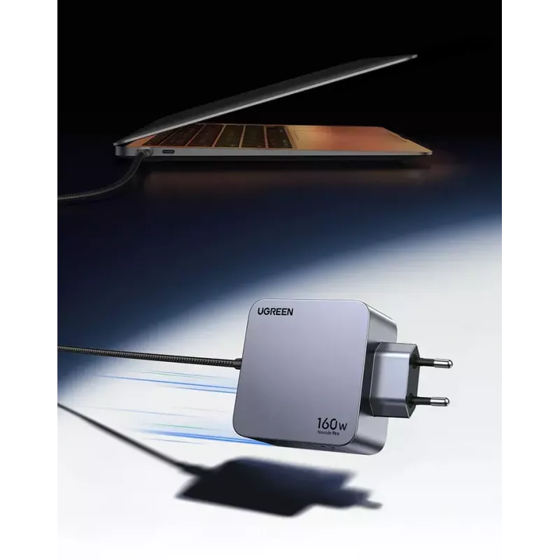 Carregador Ugreen Nexode Pro 160W GaN com cabo USB-C universal preto, cinzento AC carregamento rápido interior