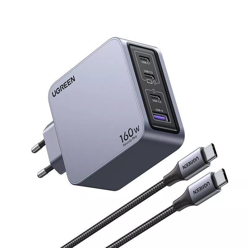 Carregador Ugreen Nexode Pro 160W GaN com cabo USB-C universal preto, cinzento AC carregamento rápido interior