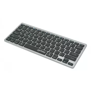 Teclado sem fios Manhattan Ultra fino de modo duplo, layout QWERTZ alemão, Bluetooth (v3.0) e wireless (2,4 GHz), 78 teclas planas tipo tesoura, gestão automática de energia, alcance 10 m, micro recetor USB-A, pilha AAA (incluída), Windows e Mac, três anos de garantia
