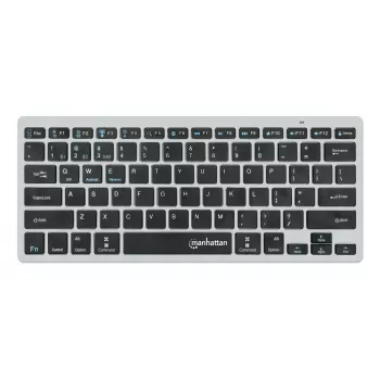 Teclado sem fios Manhattan Ultra fino de modo duplo, layout QWERTZ alemão, Bluetooth (v3.0) e wireless (2,4 GHz), 78 teclas planas tipo tesoura, gestão automática de energia, alcance 10 m, micro recetor USB-A, pilha AAA (incluída), Windows e Mac, três anos de garantia