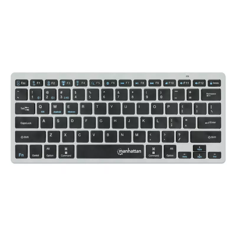 Teclado sem fios Manhattan Ultra fino de modo duplo, layout QWERTZ alemão, Bluetooth (v3.0) e wireless (2,4 GHz), 78 teclas planas tipo tesoura, gestão automática de energia, alcance 10 m, micro recetor USB-A, pilha AAA (incluída), Windows e Mac, três anos de garantia