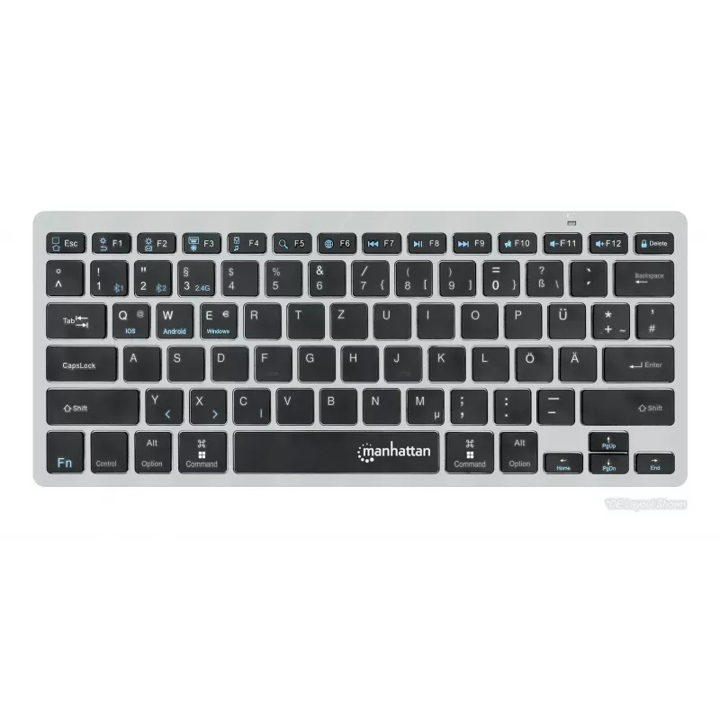 Teclado sem fios Manhattan Ultra fino de modo duplo, layout QWERTZ alemão, Bluetooth (v3.0) e wireless (2,4 GHz), 78 teclas planas tipo tesoura, gestão automática de energia, alcance 10 m, micro recetor USB-A, pilha AAA (incluída), Windows e Mac, três anos de garantia