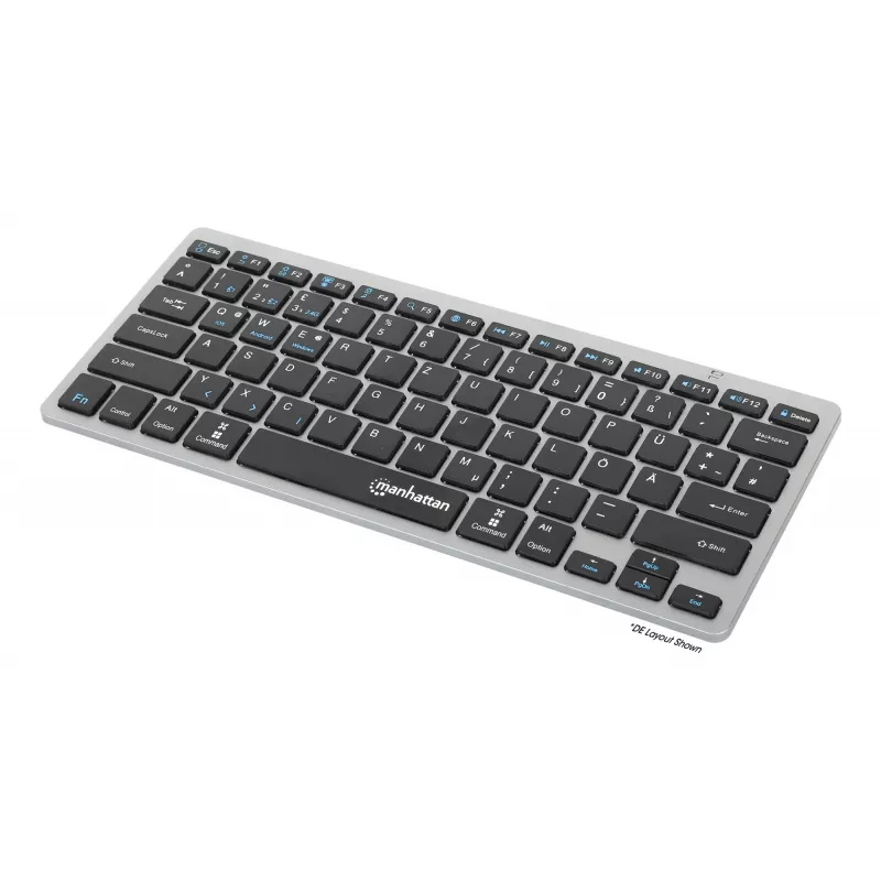 Teclado sem fios Manhattan Ultra fino de modo duplo, layout QWERTZ alemão, Bluetooth (v3.0) e wireless (2,4 GHz), 78 teclas planas tipo tesoura, gestão automática de energia, alcance 10 m, micro recetor USB-A, pilha AAA (incluída), Windows e Mac, três anos de garantia