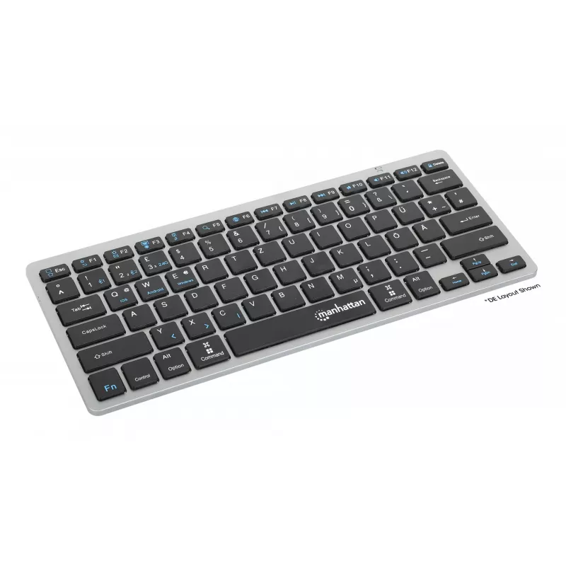 Teclado sem fios Manhattan Ultra fino de modo duplo, layout QWERTZ alemão, Bluetooth (v3.0) e wireless (2,4 GHz), 78 teclas planas tipo tesoura, gestão automática de energia, alcance 10 m, micro recetor USB-A, pilha AAA (incluída), Windows e Mac, três anos de garantia