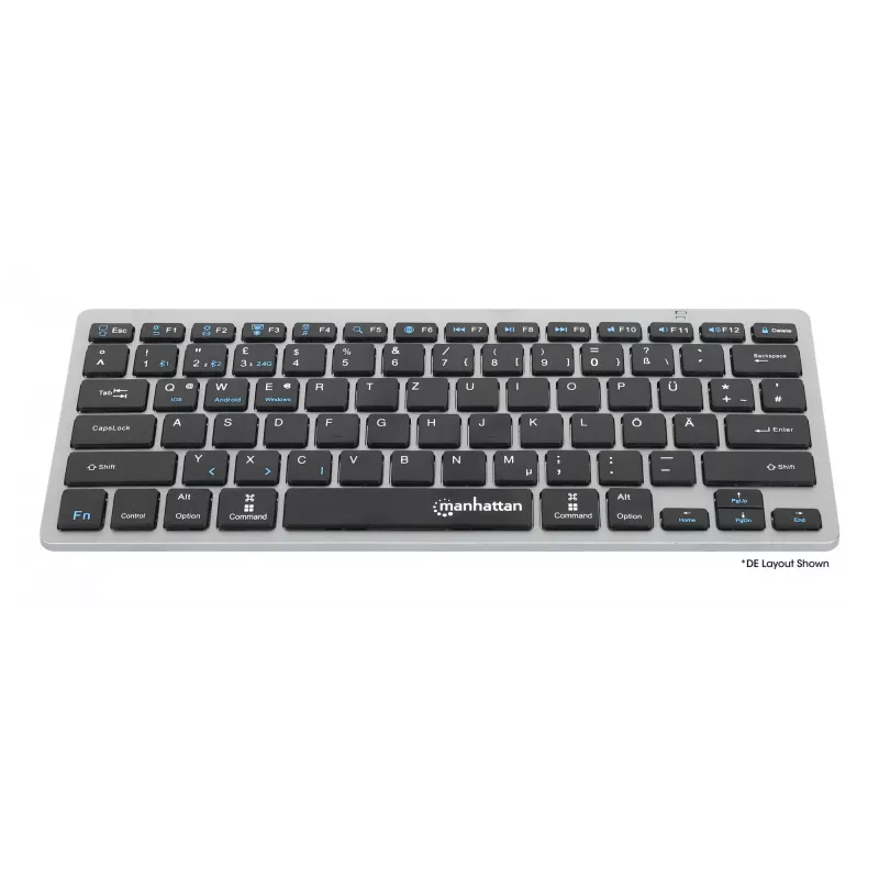 Teclado sem fios Manhattan Ultra fino de modo duplo, layout QWERTZ alemão, Bluetooth (v3.0) e wireless (2,4 GHz), 78 teclas planas tipo tesoura, gestão automática de energia, alcance 10 m, micro recetor USB-A, pilha AAA (incluída), Windows e Mac, três anos de garantia