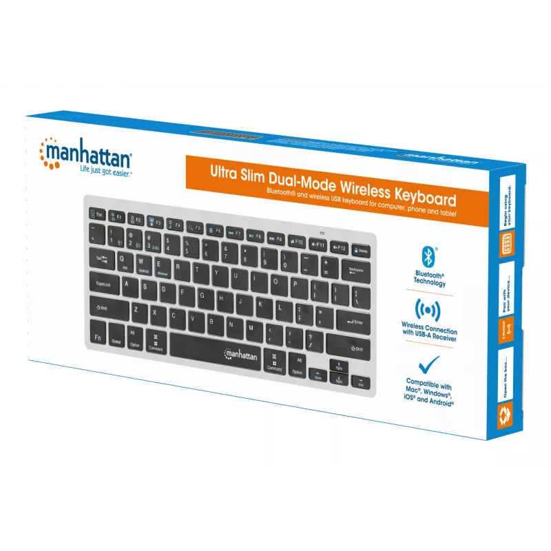 Teclado sem fios Manhattan Ultra fino de modo duplo, layout QWERTZ alemão, Bluetooth (v3.0) e wireless (2,4 GHz), 78 teclas planas tipo tesoura, gestão automática de energia, alcance 10 m, micro recetor USB-A, pilha AAA (incluída), Windows e Mac, três anos de garantia