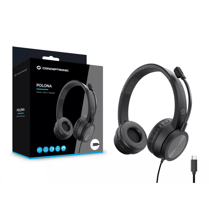 Headset CONCEPTRONIC POLONA05BC — Estéreo USB-C, Microfone com cancelamento de ruído, Supra-aural, Cabo de 2 m, 20–22000 Hz, Preto