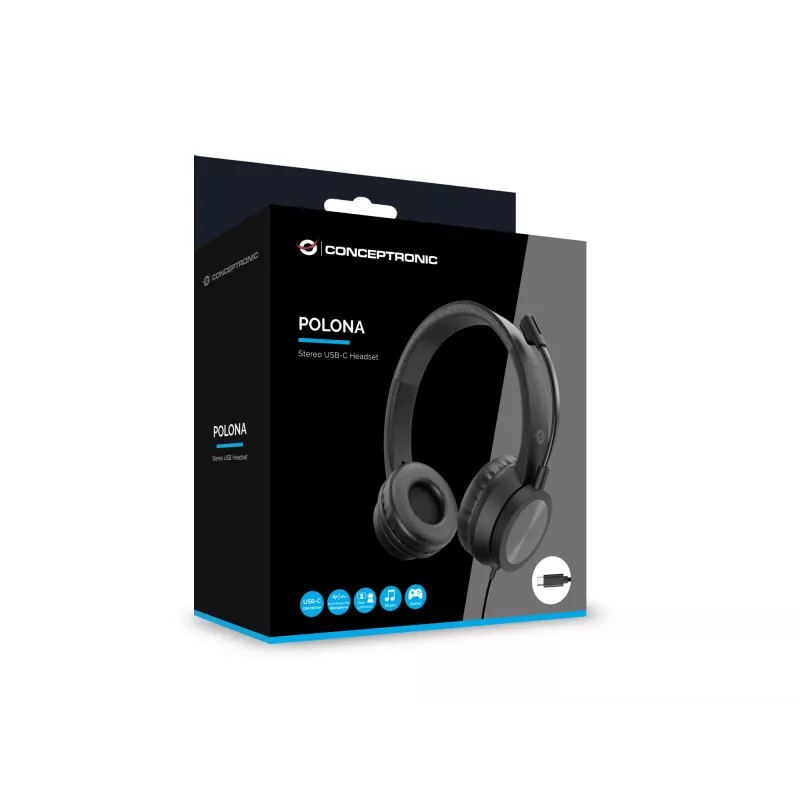 Headset CONCEPTRONIC POLONA05BC — Estéreo USB-C, Microfone com cancelamento de ruído, Supra-aural, Cabo de 2 m, 20–22000 Hz, Preto