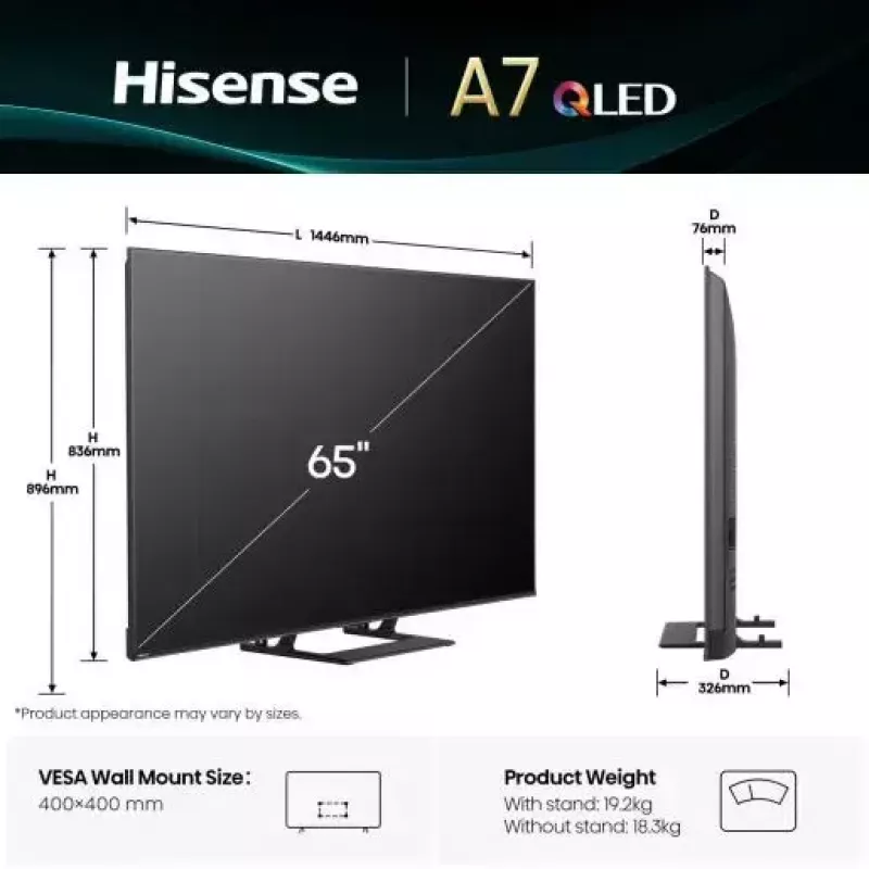 Hisense A7Q 65A7Q 165,1 cm (65 polegadas) 4K Ultra HD Smart TV Wi-Fi preto 400 cd/m²