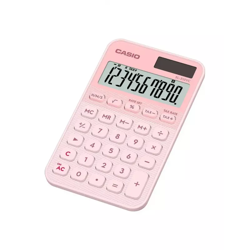 Calculadora básica de bolso CASIO SL-310YC — 10 dígitos, pilha/solar, funções de imposto e margem, rosa-claro